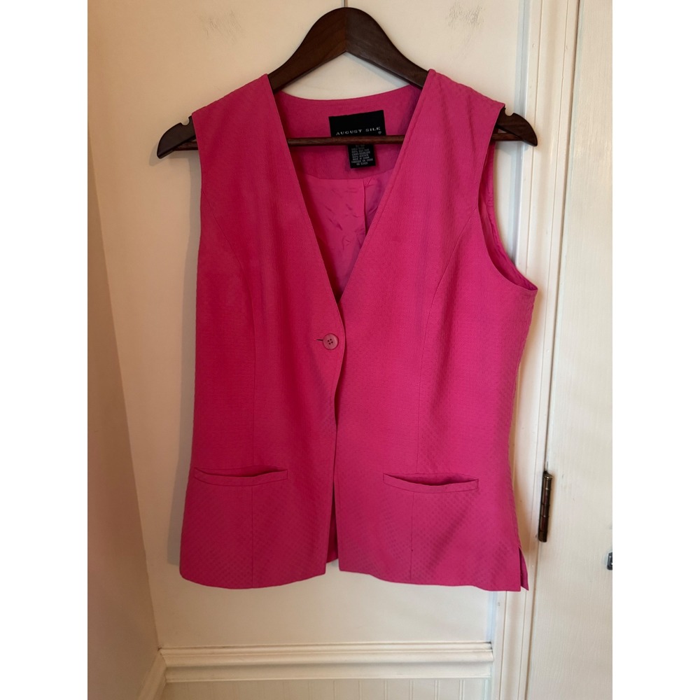 August Silk Pink 100% Silk Textured V-Neck Single Button Vest Size 10